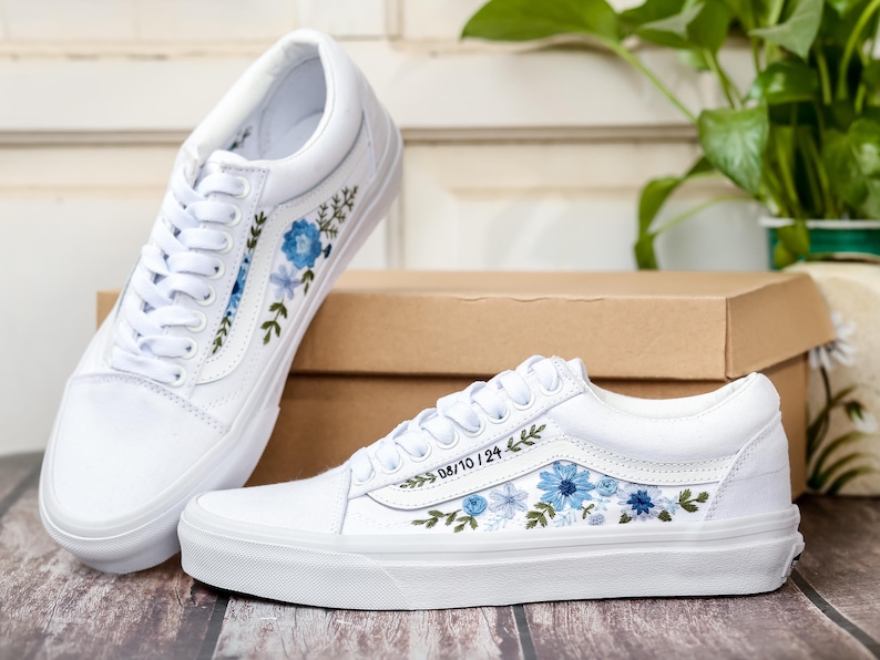 Custom Wedding Vans, Blue Flowers Embroidered Shoes for Bride, Floral Embroidered Vans, Custom Sneakers Embroidery Flowers, Wedding Gifts