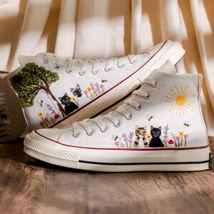 Custom Converse Chuck Taylor Embroidered Cat and Garden Flowers, Pet Embroidered Converse, Sun, Floral, Cat Embroidered Shoes Custom