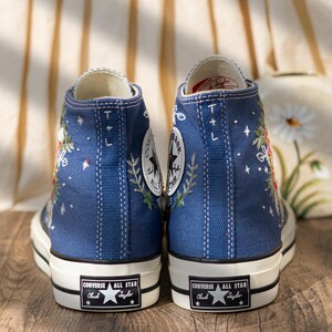 Custom Floral Embroidery Converse For Holiday, Poinsettia Embroidered Converse High Top, Custom Embroidered Sneakers Navy Blue, Women Gift