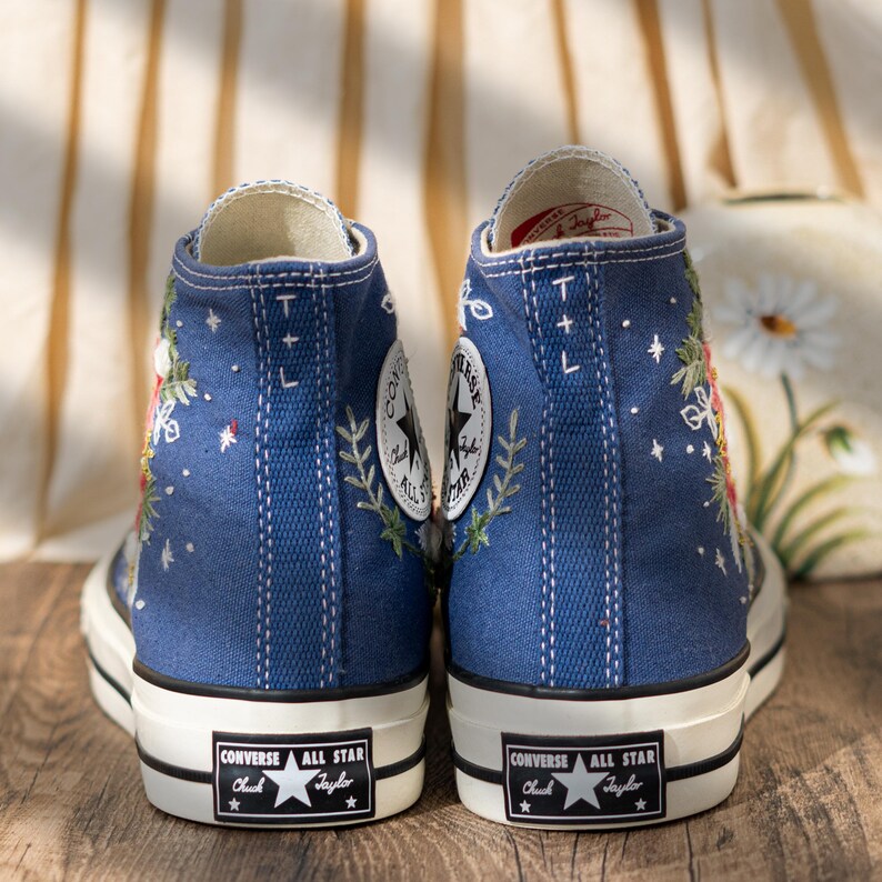 Custom Floral Embroidery Converse For Holiday, Poinsettia Embroidered Converse High Top, Custom Embroidered Sneakers Navy Blue, Women Gift