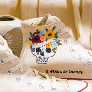 Custom Embroidered Converse Chuck Taylor High Top, Cream Converse Shoes Embroidery Skull & Sunflower, Unique Custom Sneakers, Halloween Gift