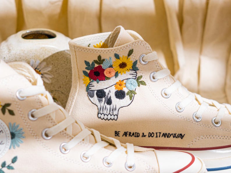 Custom Embroidered Converse Chuck Taylor High Top, Cream Converse Shoes Embroidery Skull & Sunflower, Unique Custom Sneakers, Halloween Gift