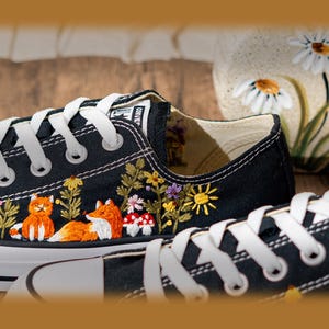 Hand Embroidered Converse Low Top Sneakers, Custom Black Shoes Embroidery Fox And Wildflower, Handmade Nature Art Converse, Unique Gift Idea