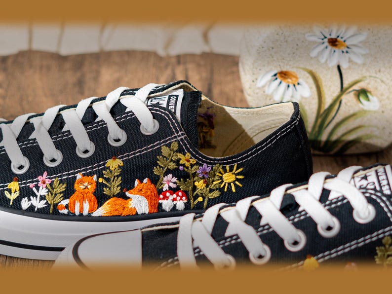 Hand Embroidered Converse Low Top Sneakers, Custom Black Shoes Embroidery Fox And Wildflower, Handmade Nature Art Converse, Unique Gift Idea