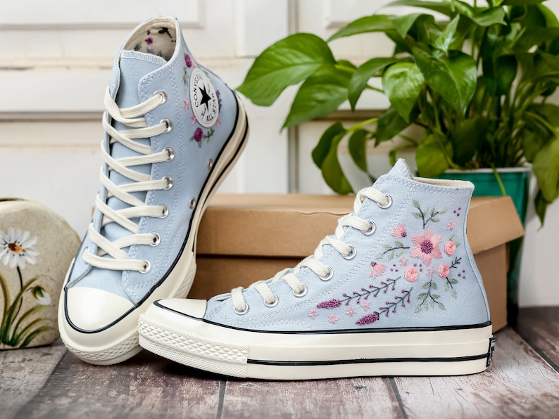 Embroidered Converse, Embroidered Floral, Custom Converse High Top,  Converse Embroidered With Colorful Flower Garden, Personalized Gifts
