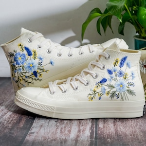 Custom Embroidered Converse, Carnation and Cornflower Embroidered Shoes, Blue Flax Embroidered Sneaker Custom, Flower Embroidery Converse