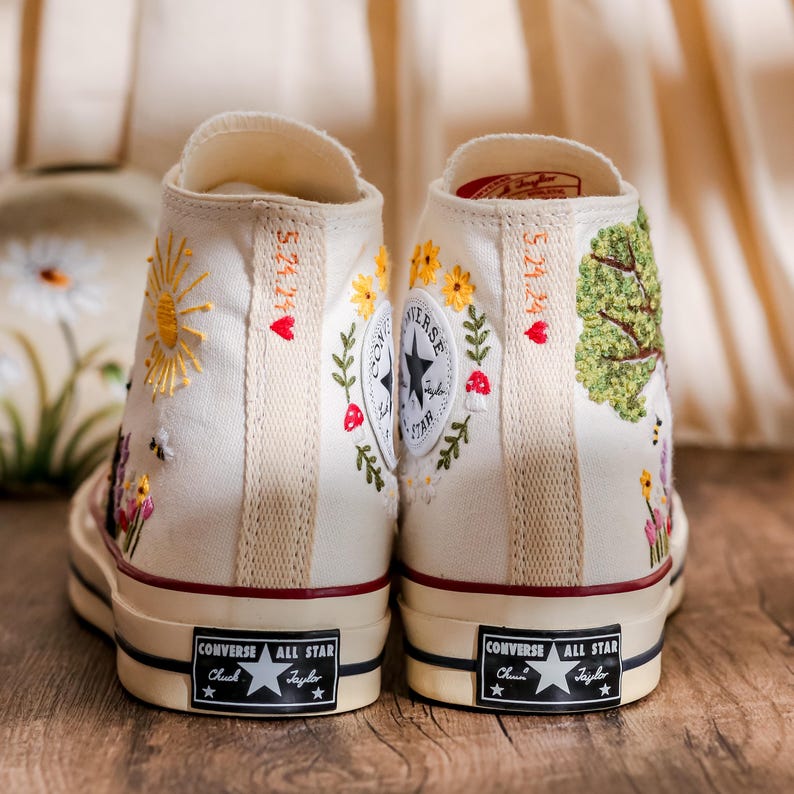 Custom Converse Chuck Taylor Embroidered Cat and Garden Flowers, Pet Embroidered Converse, Sun, Floral, Cat Embroidered Shoes Custom