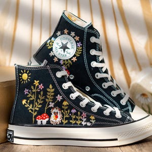 Handcrafted Embroidered Converse High Top, Custom Floral Embroidery Converse, Hedgehog And Mushroom Design Embroidered Sneakers, Unique Gift