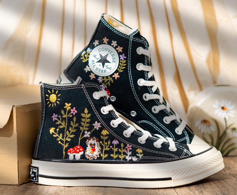 Handcrafted Embroidered Converse High Top, Custom Floral Embroidery Converse, Hedgehog And Mushroom Design Embroidered Sneakers, Unique Gift