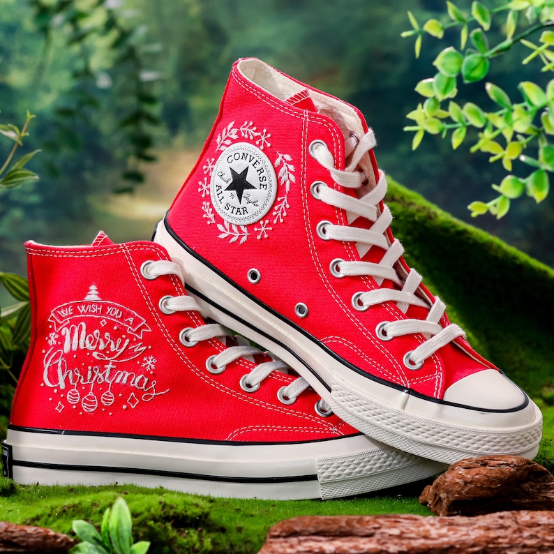 Custom Embroidered Converse Christmas, Noel and Snowflakes Embroidered Converse, Custom Shoes Embroidery Merry Christmas, Christmas Gifts