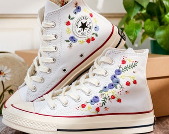 Custom Converse Embroidered Shoes, Grape and Strawberry Embroidered Converse, Strawberry Embroidery Sneakers, Converse Embroidery Designs