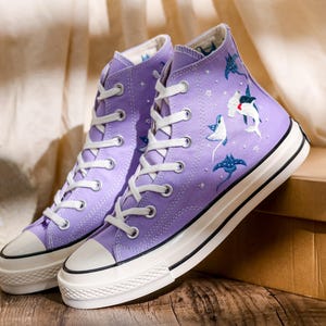 Manta Ray Embroidered Converse High Tops, Hammerhead Shark Embroidered Shoes, Ray and Shark Embroidered Sneaker Custom, Gift for Her