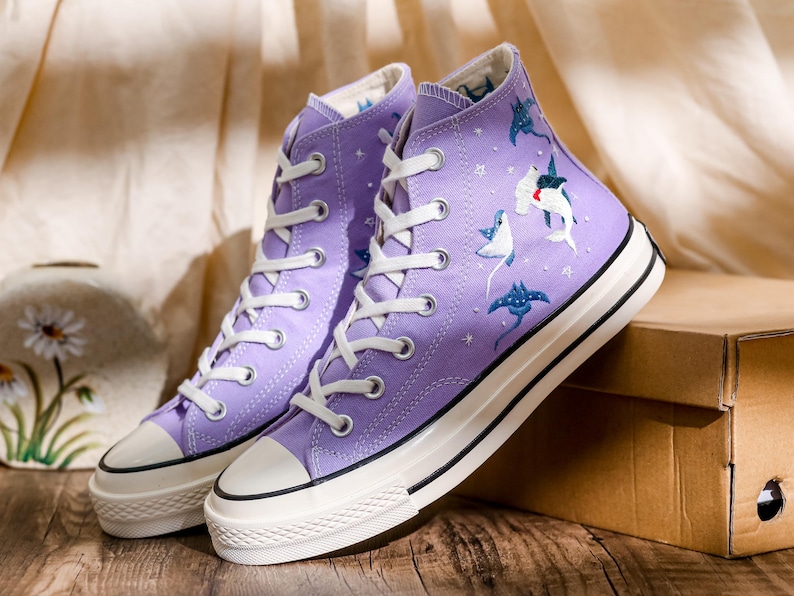 Manta Ray Embroidered Converse High Tops, Hammerhead Shark Embroidered Shoes, Ray and Shark Embroidered Sneaker Custom, Gift for Her