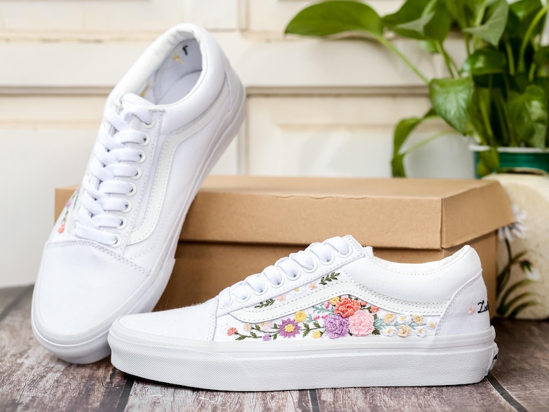 Bridal Flower Embroidered Vans, 3D Flowers Embroidered Vans for Bride, Wedding Flowers Embroidered Shoes, Sneakers Wedding Embroidery Floral