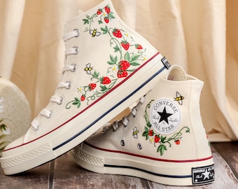 Custom Embroidered Converse Shoes, Strawberry Embroidered Sneakers, Converse Embroidered Bee, Garden Strawberry, Personalized Gifts for Her