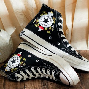Custom Embroidered Converse Chuck Taylor High Tops, Black Converse Embroidery With Mushrooms & Floral, Custom Shoes Mystical, Birthday Gift