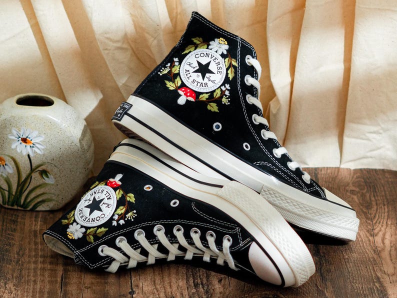 Custom Embroidered Converse Chuck Taylor High Tops, Black Converse Embroidery With Mushrooms & Floral, Custom Shoes Mystical, Birthday Gift
