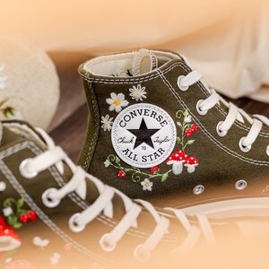 Customized Converse Embroidered Shoes, Mushrooms Embroidered Sneakers Women, Gardens Mushrooms, Strawberry Embroidered Converse Chuck Taylor