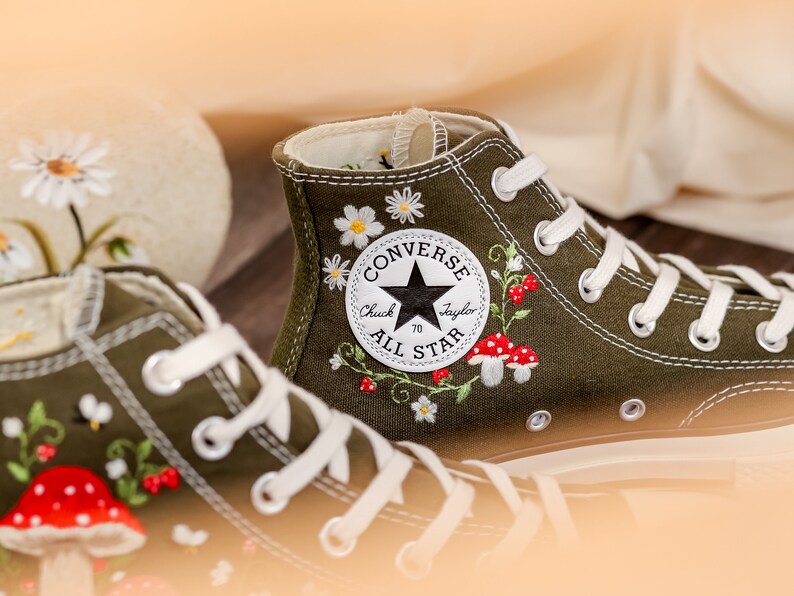 Customized Converse Embroidered Shoes, Mushrooms Embroidered Sneakers Women, Gardens Mushrooms, Strawberry Embroidered Converse Chuck Taylor