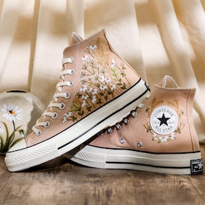 Embroidered Converse Custom, Wildflowers Embroidered Shoes, Chrysanthemum Embroidered Sneakers, Brown Converse Embroidery Flower for Her
