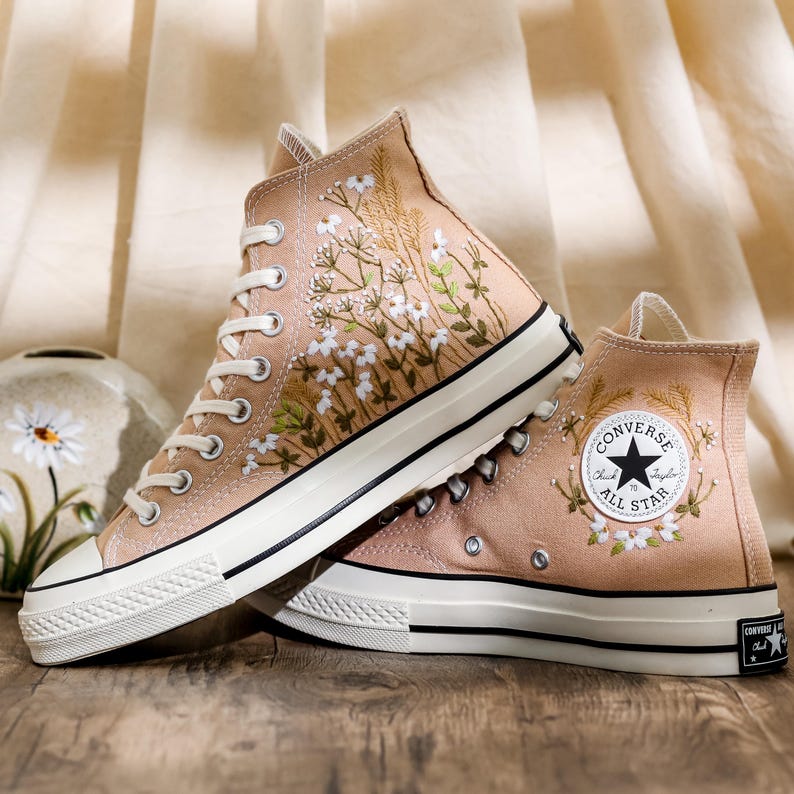 Embroidered Converse Custom, Wildflowers Embroidered Shoes, Chrysanthemum Embroidered Sneakers, Brown Converse Embroidery Flower for Her