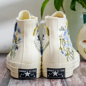 Custom Embroidered Converse, Carnation and Cornflower Embroidered Shoes, Blue Flax Embroidered Sneaker Custom, Flower Embroidery Converse