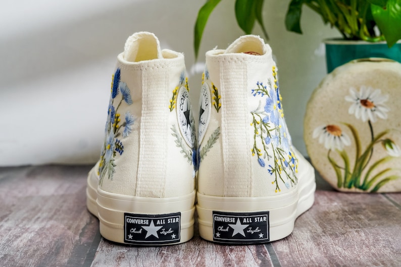Custom Embroidered Converse, Carnation and Cornflower Embroidered Shoes, Blue Flax Embroidered Sneaker Custom, Flower Embroidery Converse