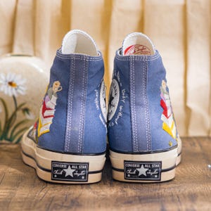 Custom Embroidered Converse Chuck 70 High Top, Denim Blue Converse Embroidery With Book And Mushroom, Hand Embroidered Sneakers, Unique Gift