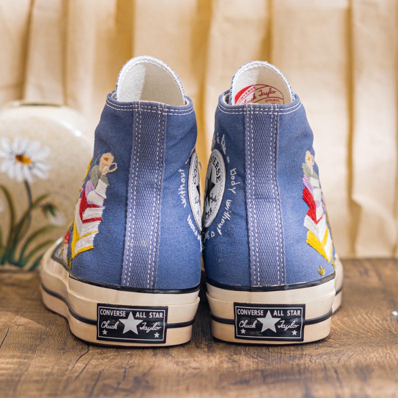 Custom Embroidered Converse Chuck 70 High Top, Denim Blue Converse Embroidery With Book And Mushroom, Hand Embroidered Sneakers, Unique Gift