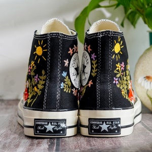 Embroidered Converse, Mushroom and Fox Embroidered Shoes Custom, Embroidered Converse High Tops Pet Mushroom and Sweet Sunflower Garden