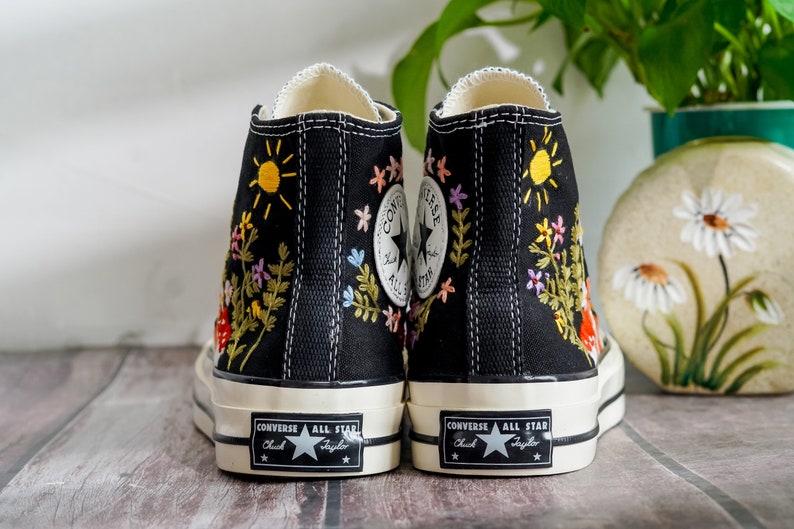 Embroidered Converse, Mushroom and Fox Embroidered Shoes Custom, Embroidered Converse High Tops Pet Mushroom and Sweet Sunflower Garden