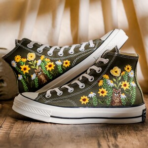 Custom Converse Embroidery Cat, Sunflowers Embroidered Converse High Tops, Graden Sunflowers, Pet Embroidered Shoes Custom, Pet Lover Gift