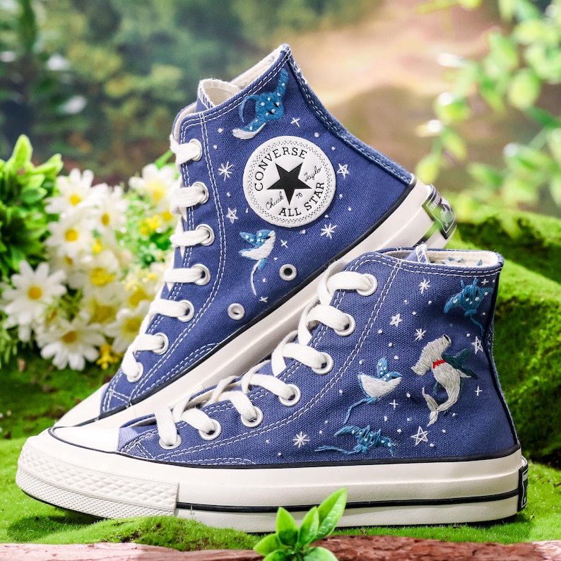 Custom Embroidered Converse, Hammerhead Sharks and Manta Ray Embroidered Shoes, Ocean Vibes Embroidered Sneakers Custom, Gifts for Divers
