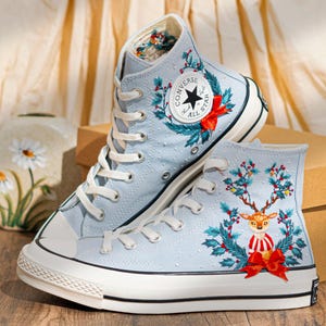 Reindeer & Christmas Flowers Embroidered Converse Shoes, Reindeer  Embroidery Shoes, Winter Holiday Shoes, Merry Christmas Gift for Her