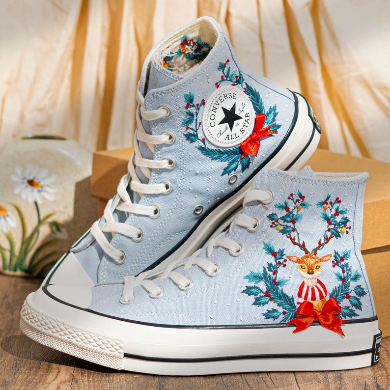 Reindeer & Christmas Flowers Embroidered Converse Shoes, Reindeer  Embroidery Shoes, Winter Holiday Shoes, Merry Christmas Gift for Her