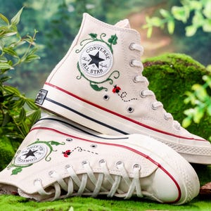 Custom Converse Embroidery, Trumpet Creeper Flower Embroidered Converse, Trumpet Vine and Ladybug Embroidered Shoes Custom , Gift for Her