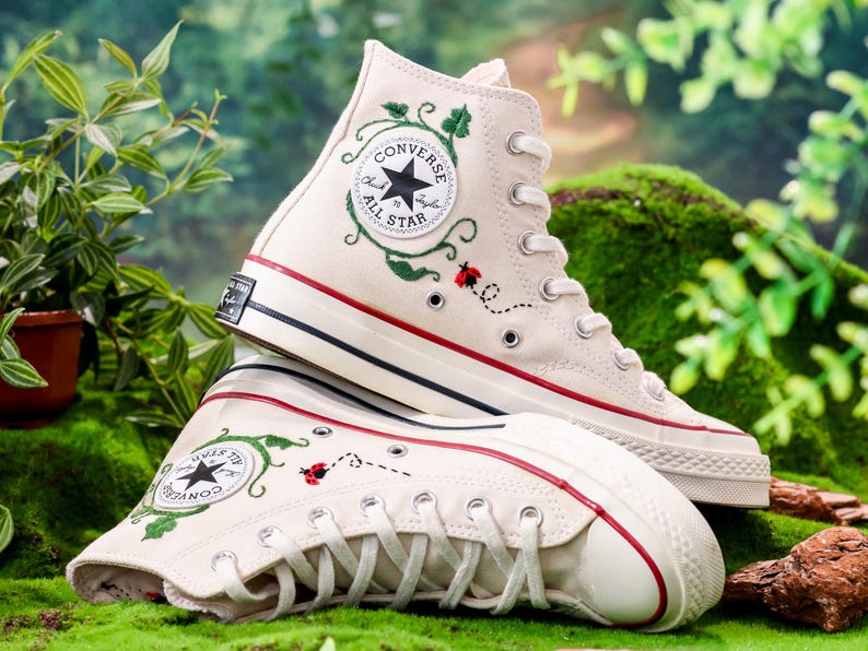 Custom Converse Embroidery, Trumpet Creeper Flower Embroidered Converse, Trumpet Vine and Ladybug Embroidered Shoes Custom , Gift for Her