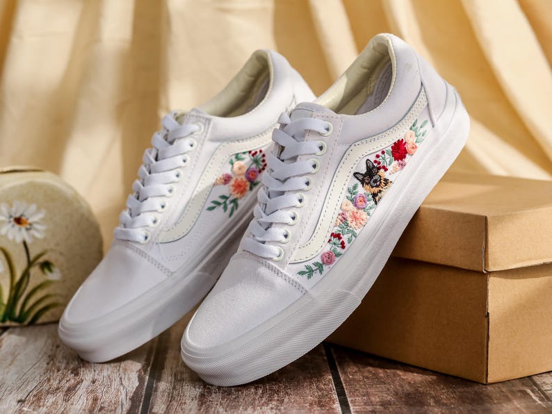 Custom Embroidered Vans Old Skool, Flowers, Pet Embroidered Wedding Reception Shoes, Floral Embroidered Sneaker, Personalized Bridal Sneaker