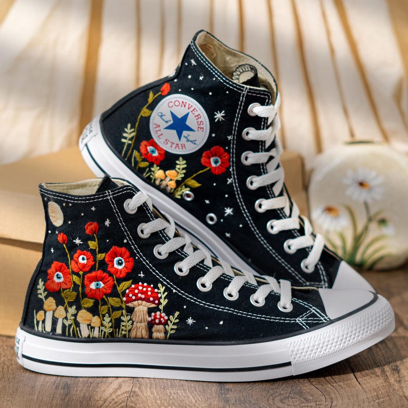 Unique Embroidered Converse High Tops, Mushroom Embroidery Converse, Red Floral Embroidered Sneakers With Eyes, Custom Shoes, Halloween Gift