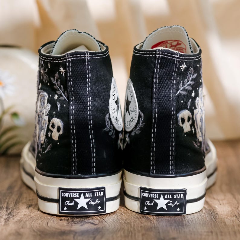 Embroidered Converse, Ghost Embroidered Converse Shoes Custom , Black Converse Embroidery Skull and Bat, Ghost Embroidered Sneakers for Men