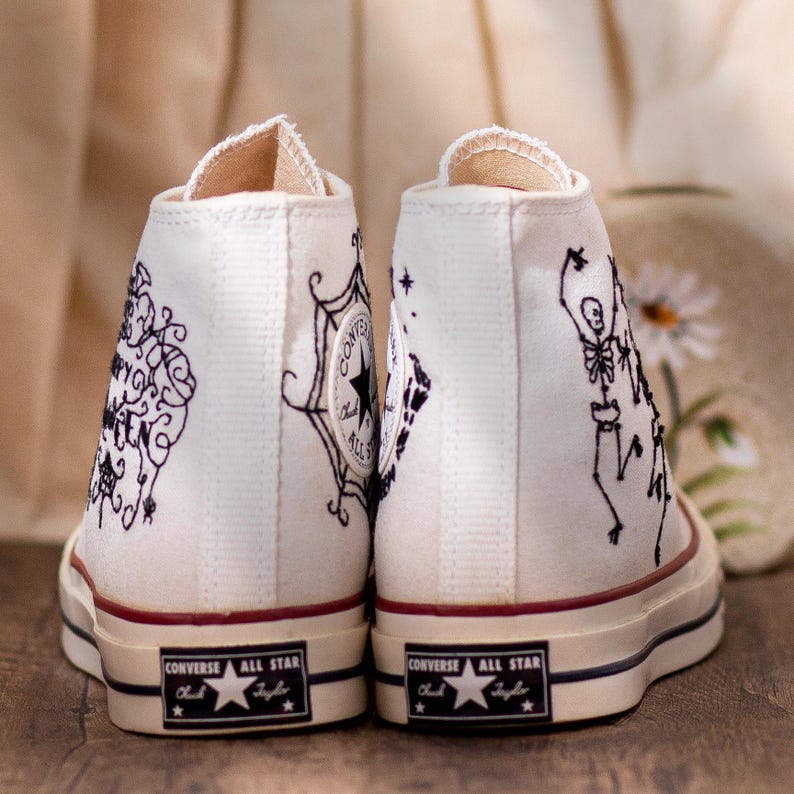 Converse Embroidered Dancing Skeleton 90s Vintage Style Shoes, Retro Skeleton Sneakers, Skull Funny Embroidery Shoes
