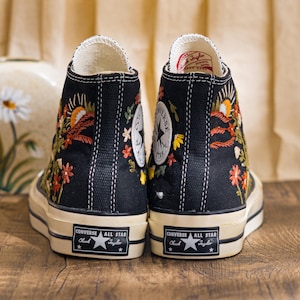 Custom Embroidered Converse Chuck Taylor High Tops, Black Sneakers With Sunset And Wildflower Embroidery, Vintage Converse Shoes, Women Gift