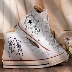 Converse Embroidered Dancing Skeleton 90s Vintage Style Shoes, Retro Skeleton Sneakers, Skull Funny Embroidery Shoes