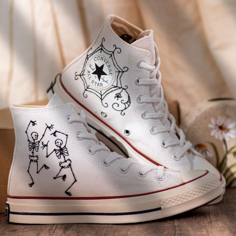Converse Embroidered Dancing Skeleton 90s Vintage Style Shoes, Retro Skeleton Sneakers, Skull Funny Embroidery Shoes