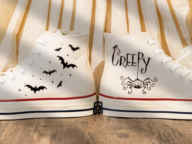 Unique Personalized Embroidered Converse High Tops, Custom Halloween Embroidery Sneakers, Creepy Spider Embroidery Converse, Halloween Gift