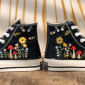 Vintage Embroidered Converse High Top, Handmade Floral & Mushroom Embroidery Converse Shoes, Custom Embroidered Sneakers Black, Fashion Gift