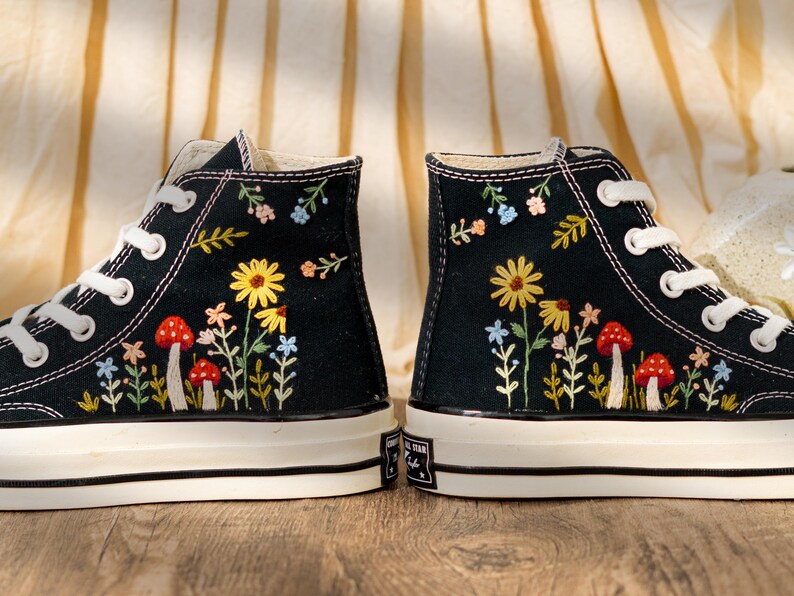 Vintage Embroidered Converse High Top, Handmade Floral & Mushroom Embroidery Converse Shoes, Custom Embroidered Sneakers Black, Fashion Gift