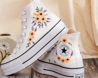 Platform Converse for Wedding, Bridal Sunflowers Embroidered Shoes Custom, Sunflowers Embroidery Sneakers for Bride, Wedding Gift for Couple