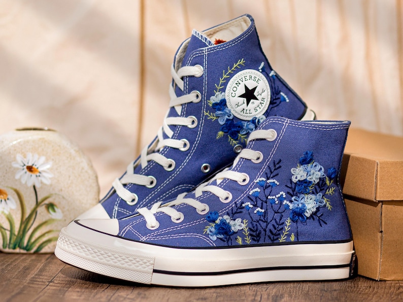 Blue Converse Chuck Taylor 1970s: Custom Floral Embroidered Bridal Sneakers
