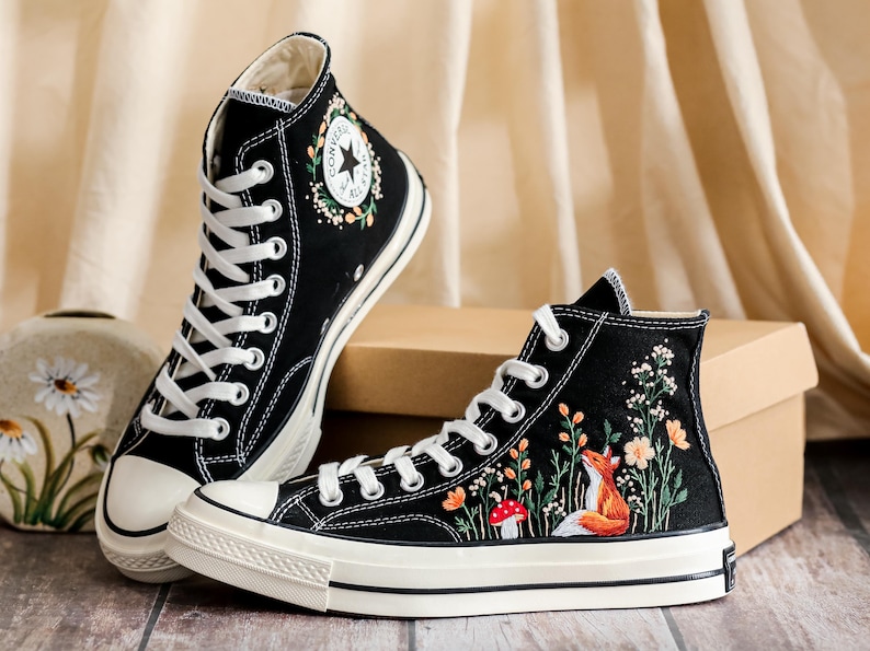 Custom Embroidered Converse High Tops 1970s, Fox Embroidered Converse Shoes, Fox and Flowers Embroidered Sneakers, Funny Halloween Gifts